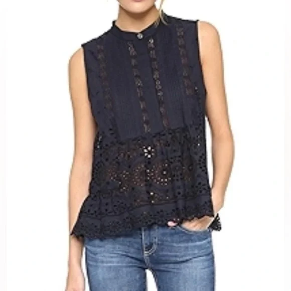 Sea New York Broderie Anglaise Eyelet Peplum Button Up Sleeveless Blouse - Picture 1 of 5